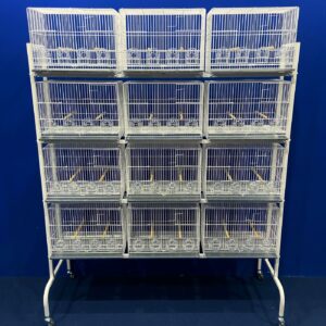 211 - CONJUNTO 12 CRIADEIRAS P/ CANÁRIO (4 COMEDORES) + ESTANTE COM RODAS