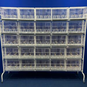 211 - CONJUNTO 25 CRIADEIRAS P/ CANÁRIO (4 COMEDORES) + ESTANTE COM RODAS
